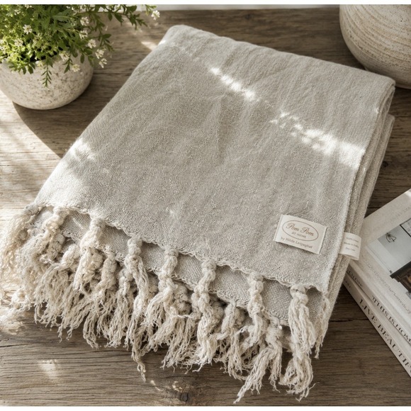 Pom Pom at Home Other - Pom Pom at Home Hilde Leiaghat 100% Linen Throw Blanket Oatmeal Fringe 50 x 72